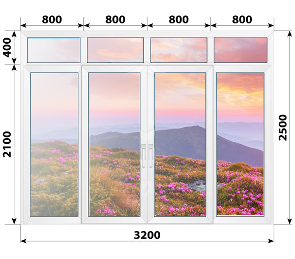 Раздвижная дверь ПВХ с фрамугой 3200x2500 4С1